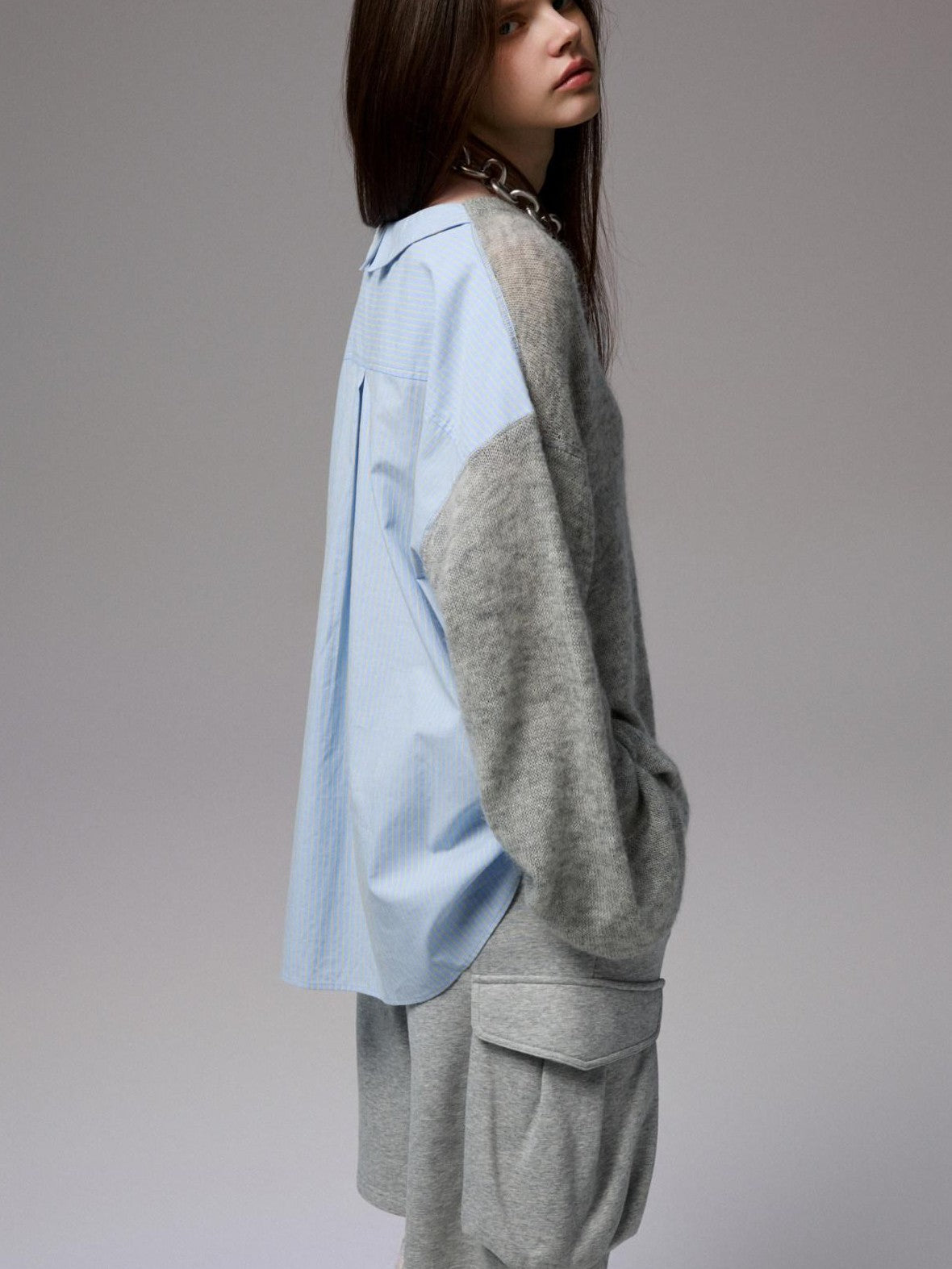 Striped Patchwork Drop Shoulder Loose Knit Women's Mohair Long Sleeve T-shirts