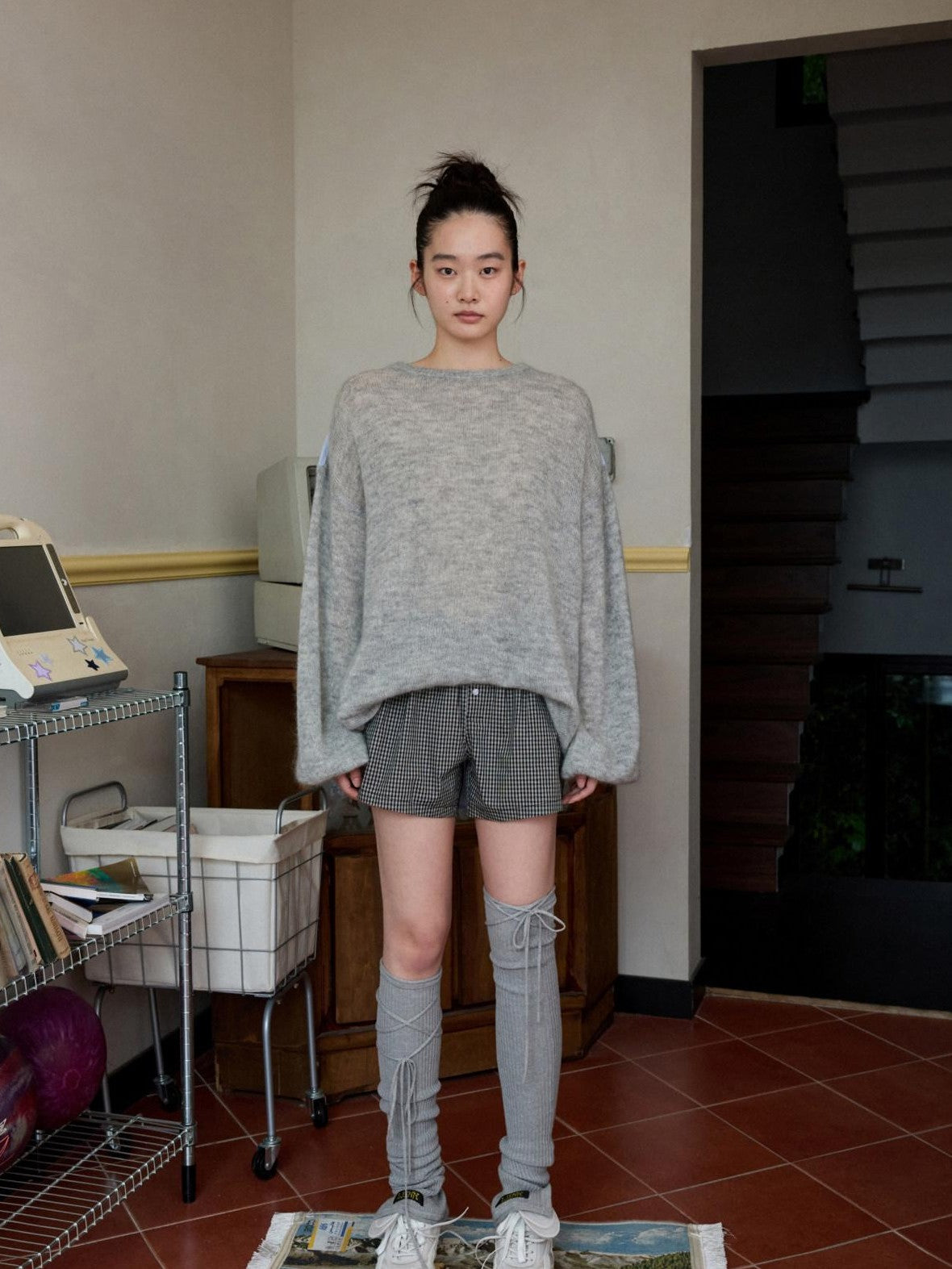 Striped Patchwork Drop Shoulder Loose Knit Women's Mohair Long Sleeve T-shirts