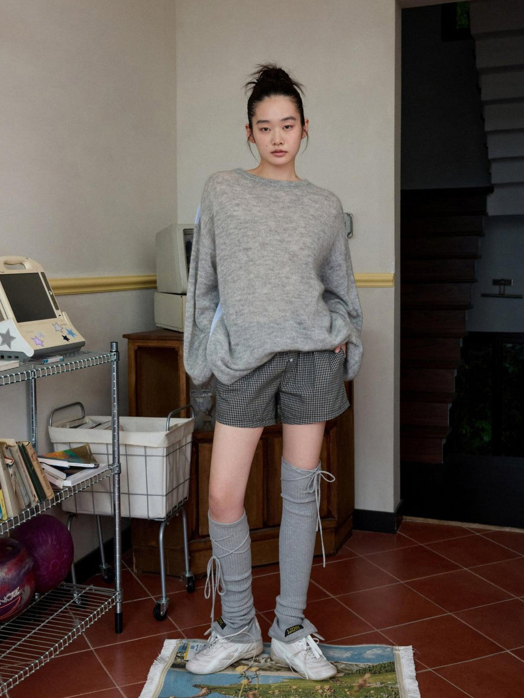 Striped Patchwork Drop Shoulder Loose Knit Women's Mohair Long Sleeve T-shirts