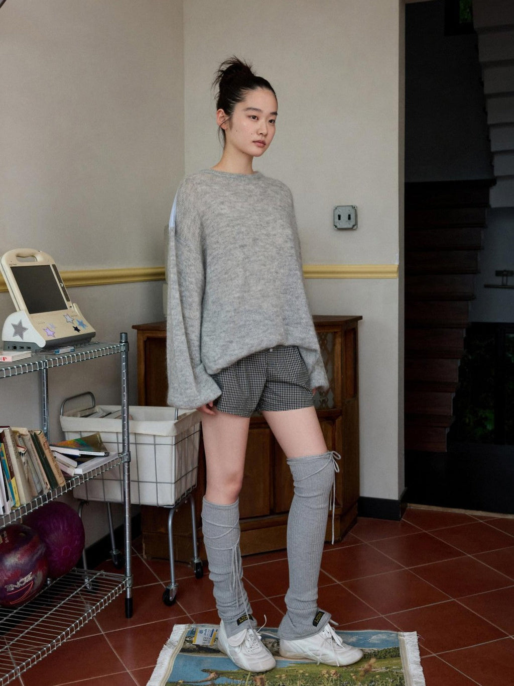 Striped Patchwork Drop Shoulder Loose Knit Women's Mohair Long Sleeve T-shirts