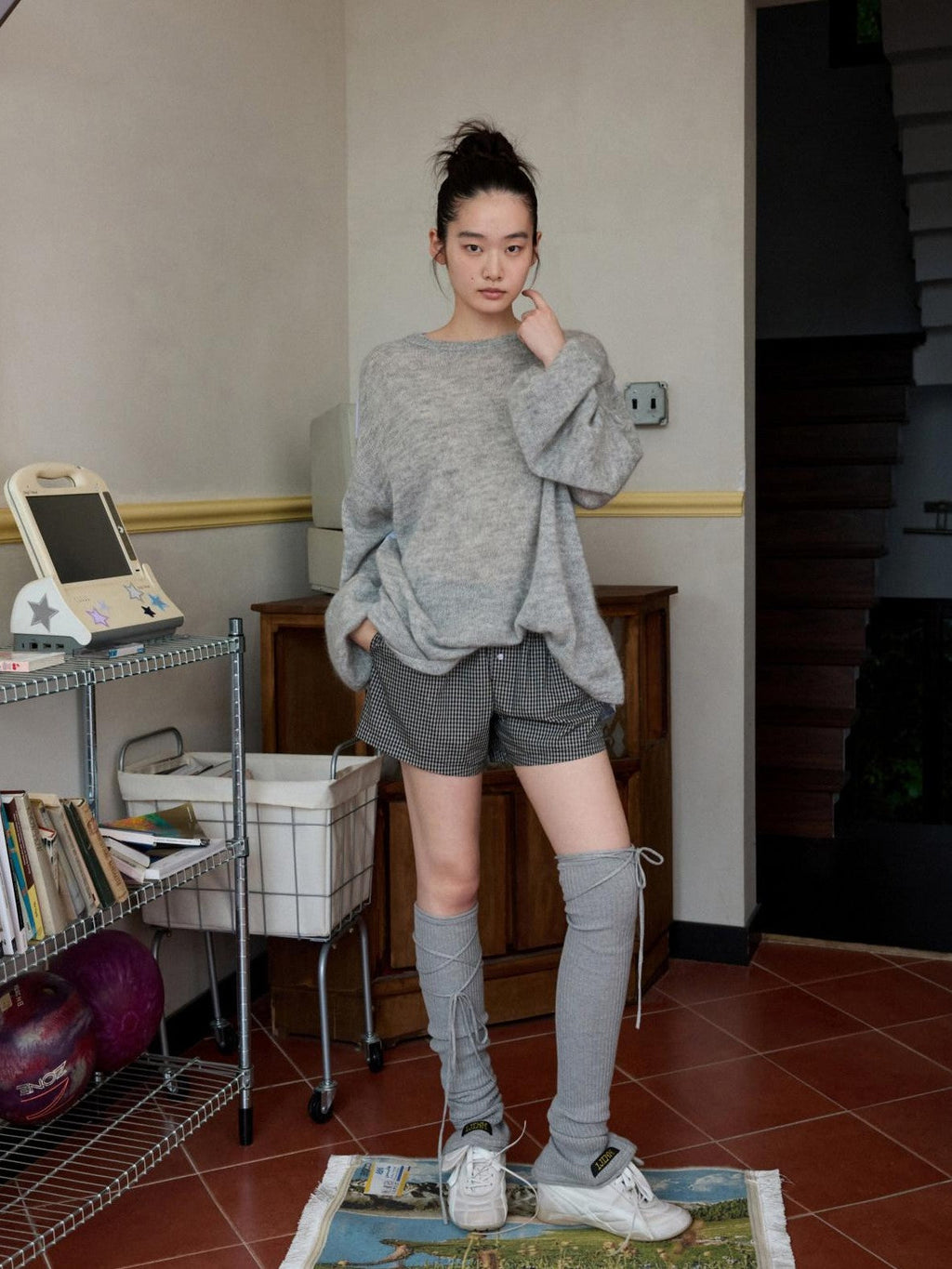 Striped Patchwork Drop Shoulder Loose Knit Women's Mohair Long Sleeve T-shirts