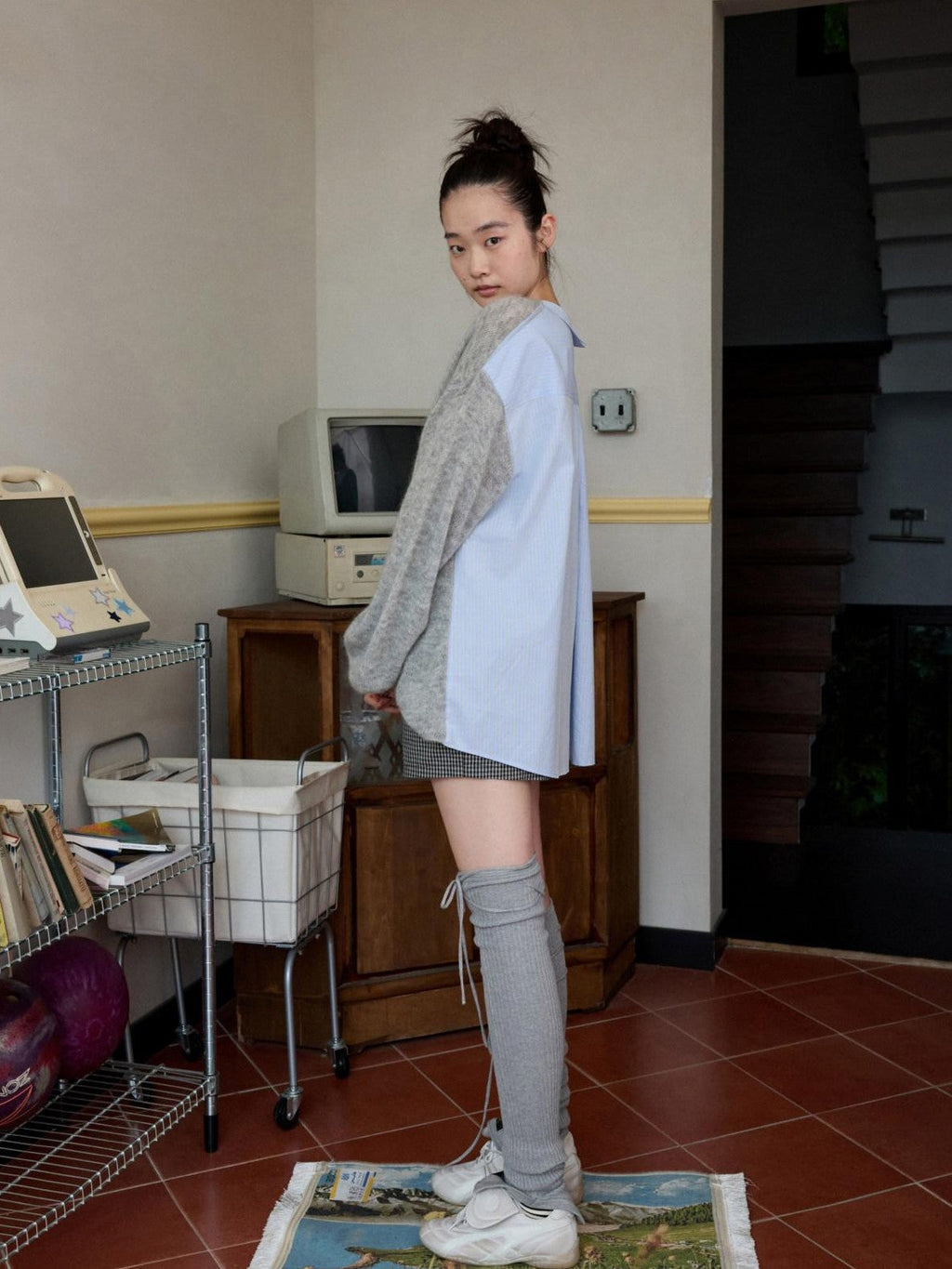 Striped Patchwork Drop Shoulder Loose Knit Women's Mohair Long Sleeve T-shirts