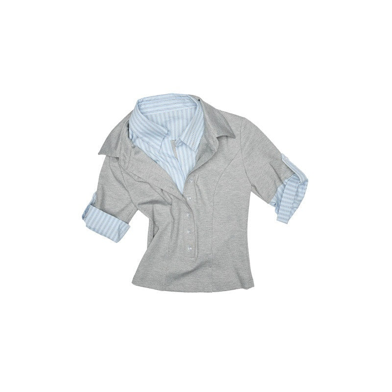 Striped Patchwork Faux Polo Collar Women's Nylon Blend Short Sleeve T-shirts