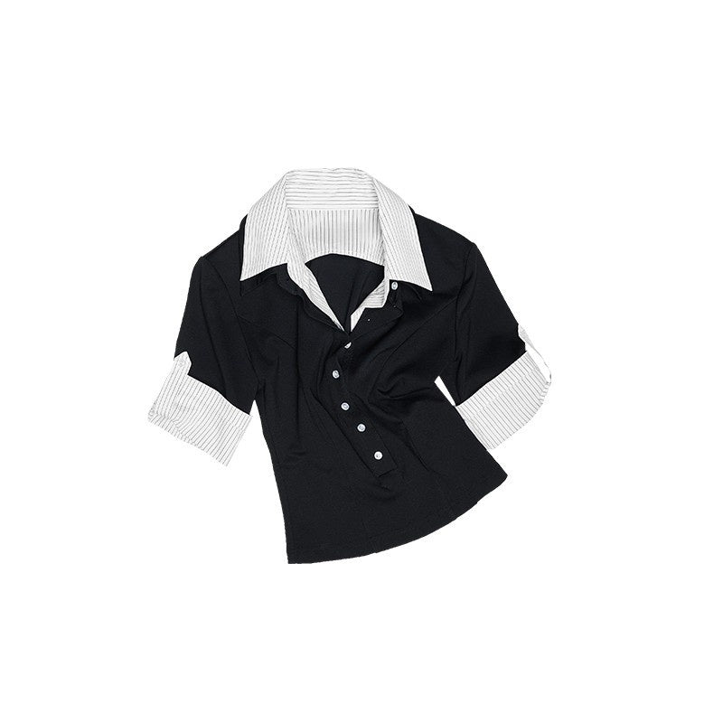 Striped Patchwork Faux Polo Collar Women's Nylon Blend Short Sleeve T-shirts
