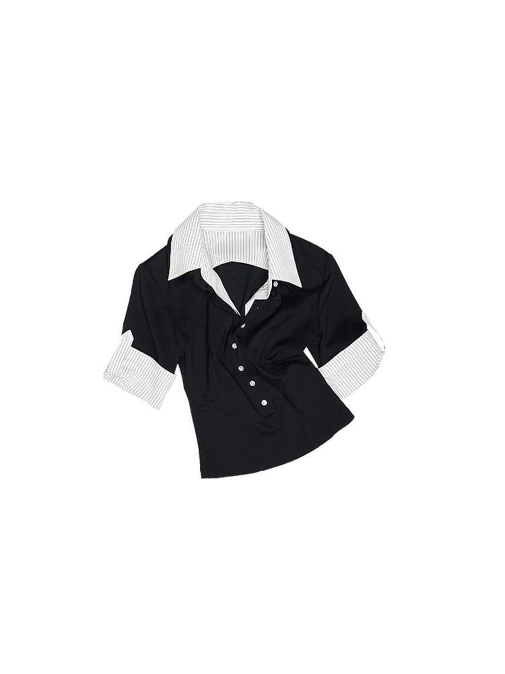 Striped Patchwork Faux Polo Collar Women's Nylon Blend Short Sleeve T-shirts