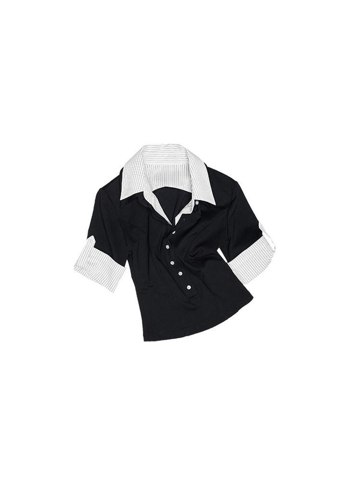 Striped Patchwork Faux Polo Collar Women's Nylon Blend Short Sleeve T-shirts