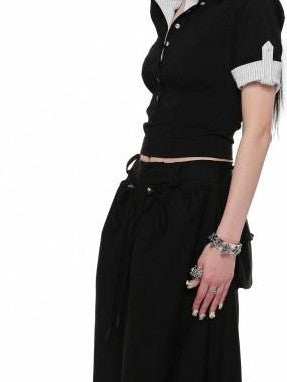 Striped Patchwork Faux Polo Collar Women's Nylon Blend Short Sleeve T-shirts