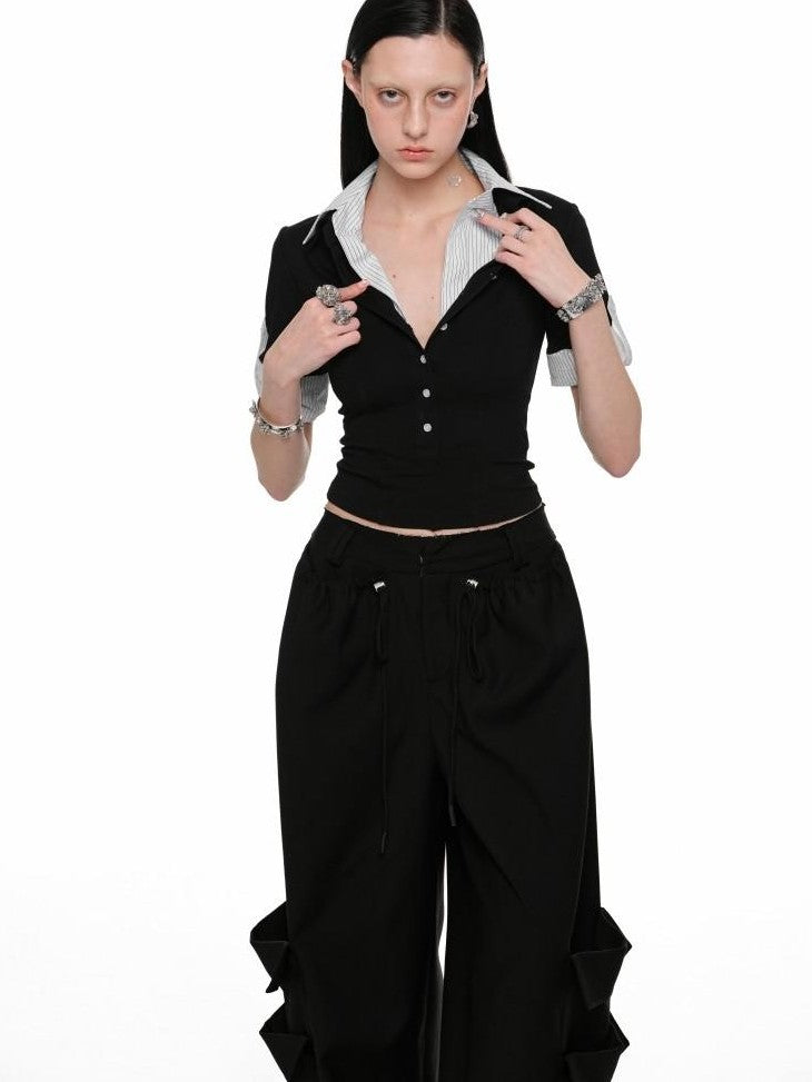 Striped Patchwork Faux Polo Collar Women's Nylon Blend Short Sleeve T-shirts