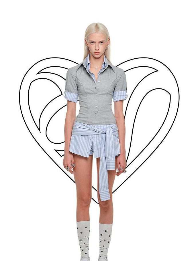 Striped Patchwork Faux Polo Collar Women's Nylon Blend Short Sleeve T-shirts