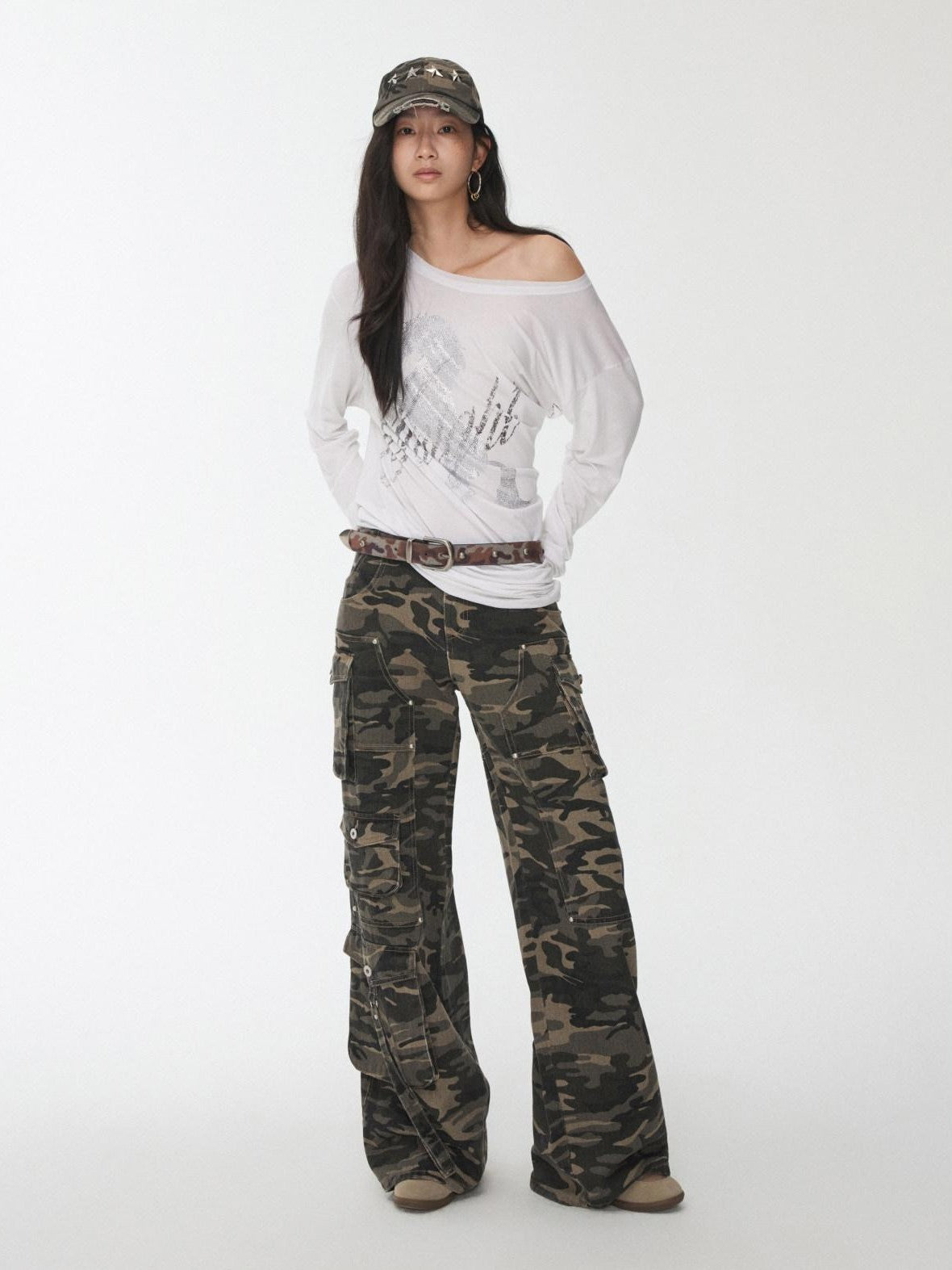 Vintage Camouflage Studded Metal Buckle Women's Faux Horsehair Belts