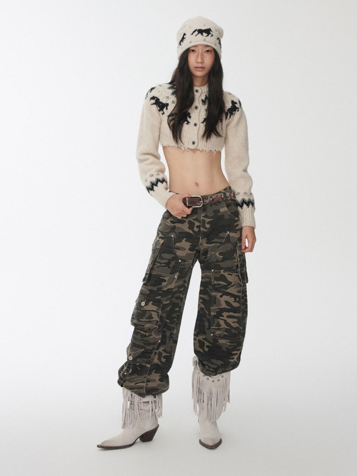 Vintage Camouflage Studded Metal Buckle Women's Faux Horsehair Belts