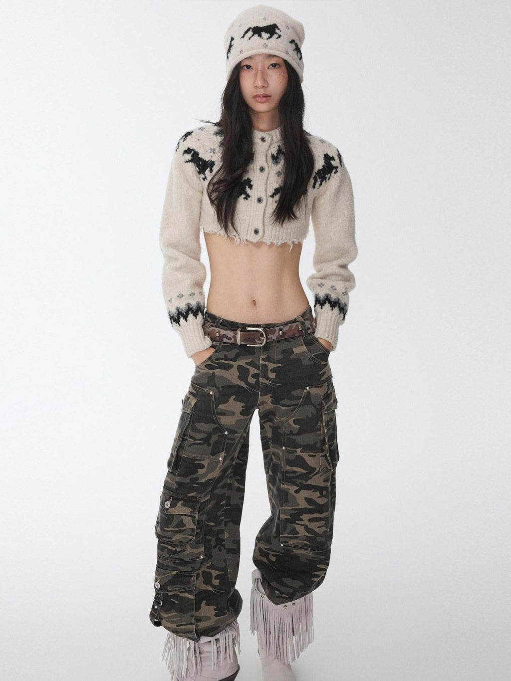 Vintage Camouflage Studded Metal Buckle Women's Faux Horsehair Belts