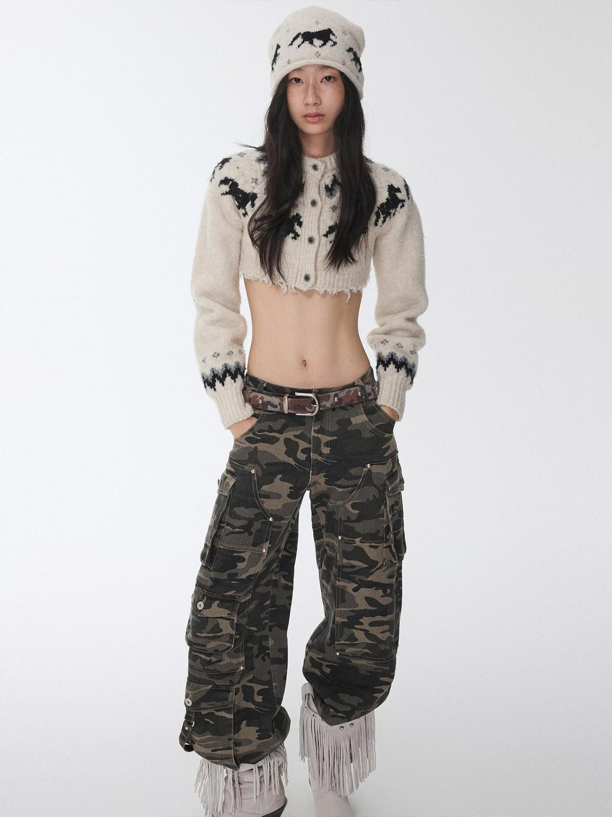 Vintage Camouflage Studded Metal Buckle Women's Faux Horsehair Belts