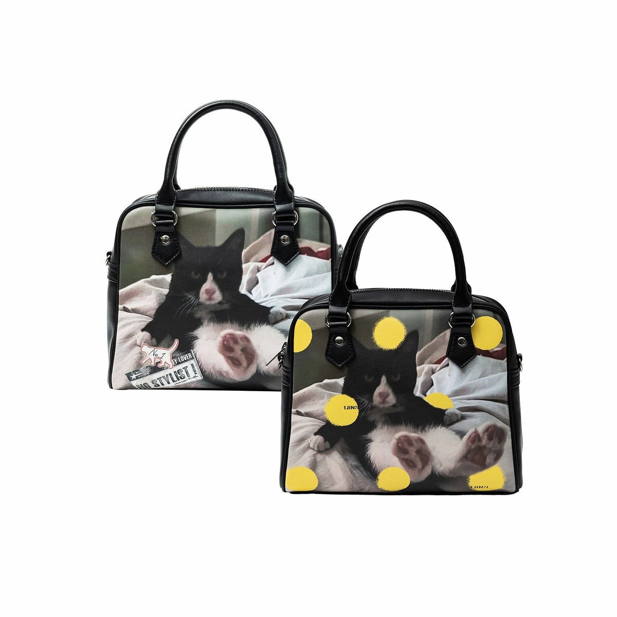 Vintage Cat And Dog Print Boston Women's Leather Cross Body Bags
