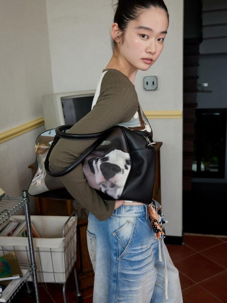 Vintage Cat And Dog Print Boston Women's Leather Cross Body Bags