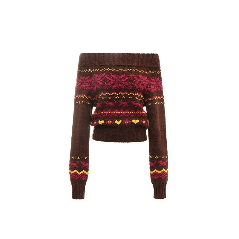 Vintage Chunky Knit Fair Isle Christmas Women's Off-shoulder Sweaters
