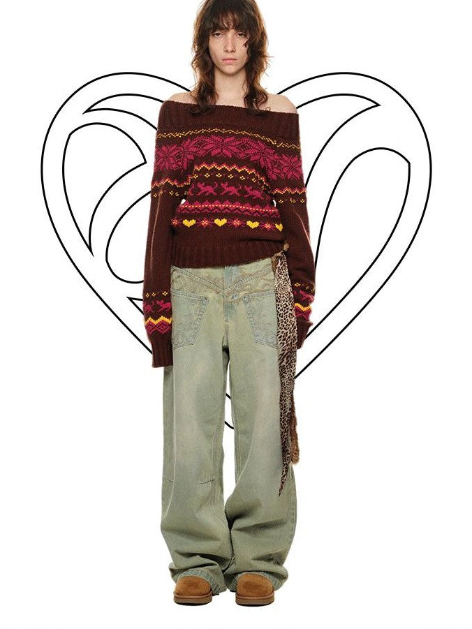Vintage Chunky Knit Fair Isle Christmas Women's Off-shoulder Sweaters