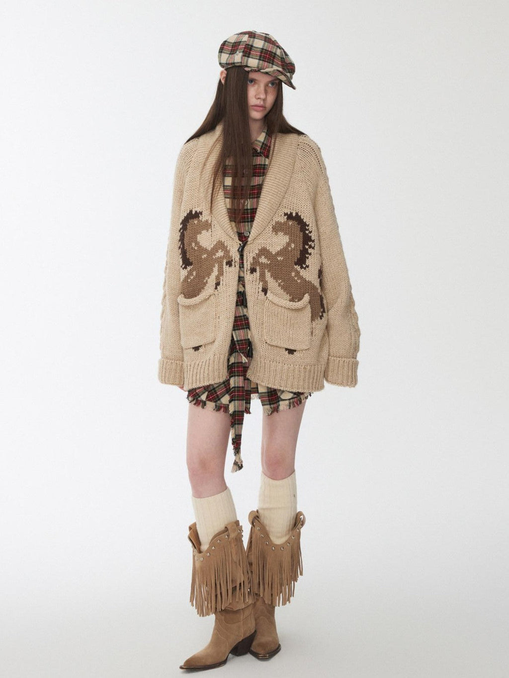 Vintage Chunky Pony Jacquard Toggle Lapel Women's Knit Cardigans