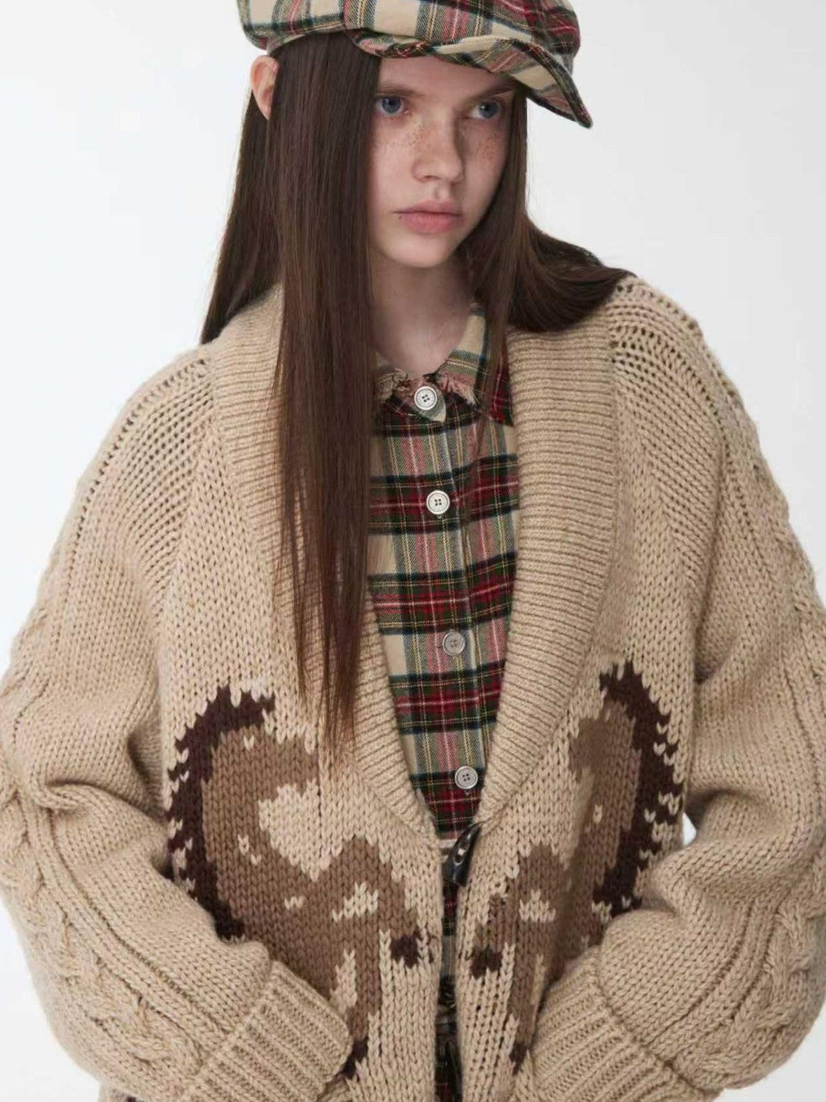 Vintage Chunky Pony Jacquard Toggle Lapel Women's Knit Cardigans