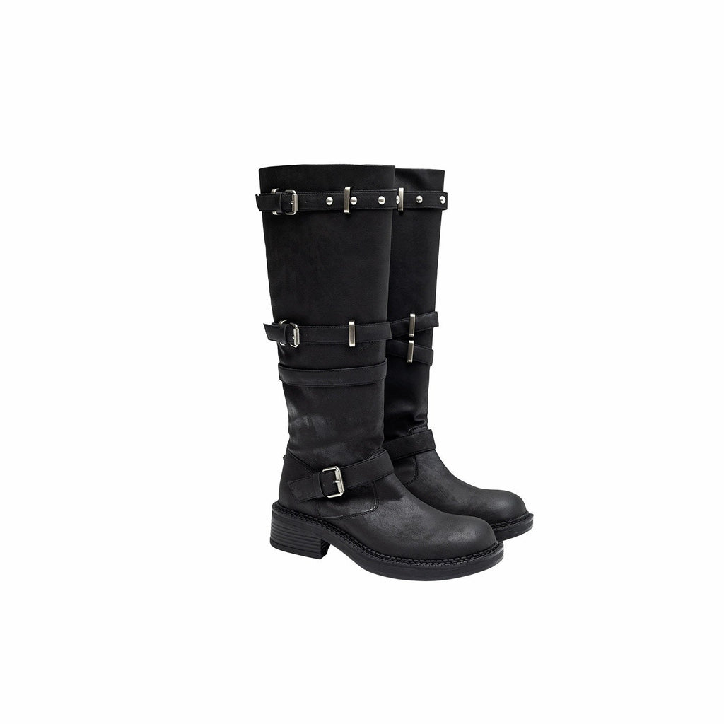 Vintage Distressed Multi Layer Metal Strap Studded Women's Mid-calf Boots