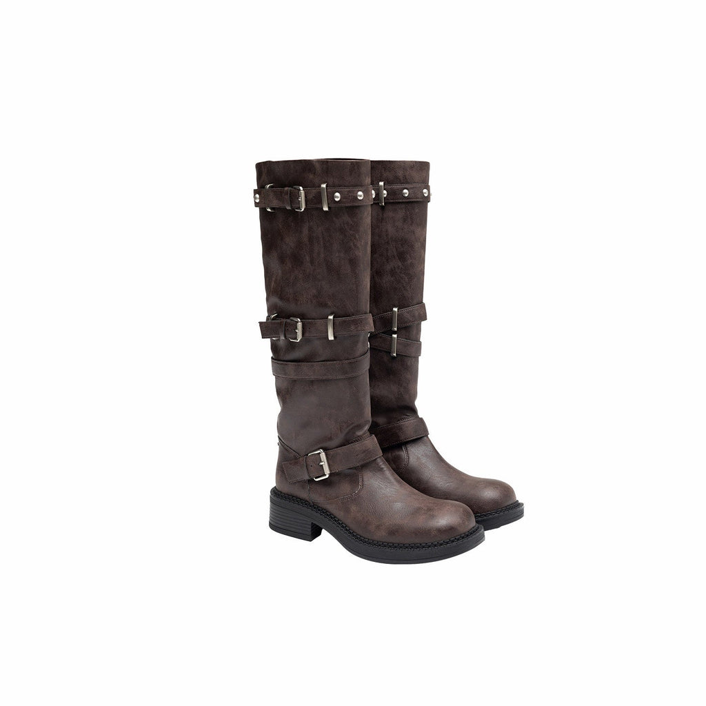 Vintage Distressed Multi Layer Metal Strap Studded Women's Mid-calf Boots