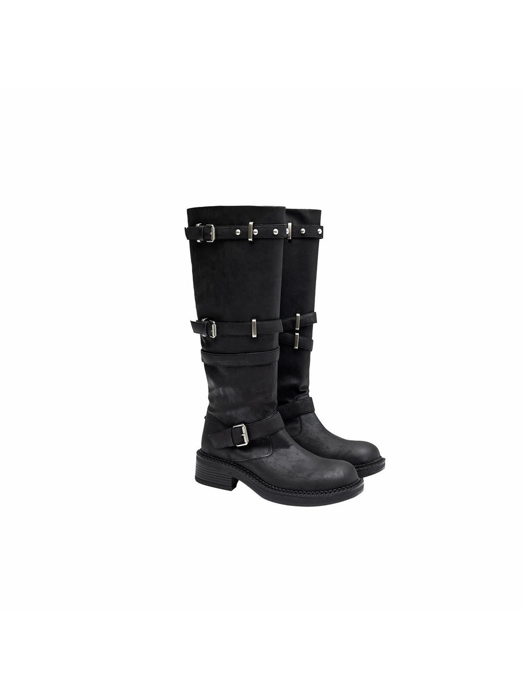 Vintage Distressed Multi Layer Metal Strap Studded Women's Mid-calf Boots
