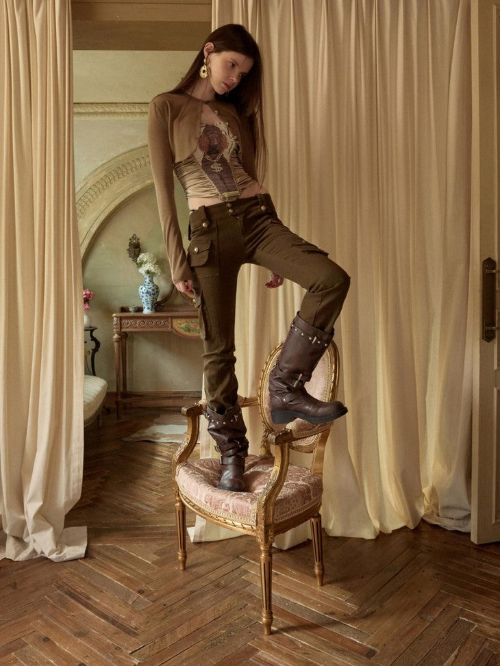 Vintage Distressed Multi Layer Metal Strap Studded Women's Mid-calf Boots
