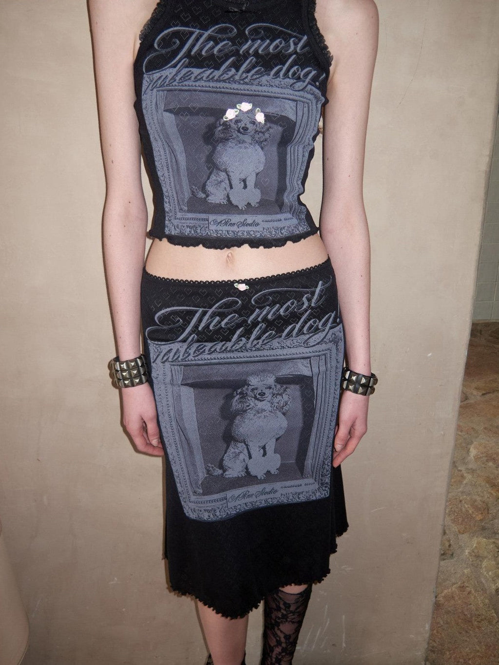 Vintage Framed Dog Print Vest Top Women's Midi Bodycon Skirt Matching Skirt Sets
