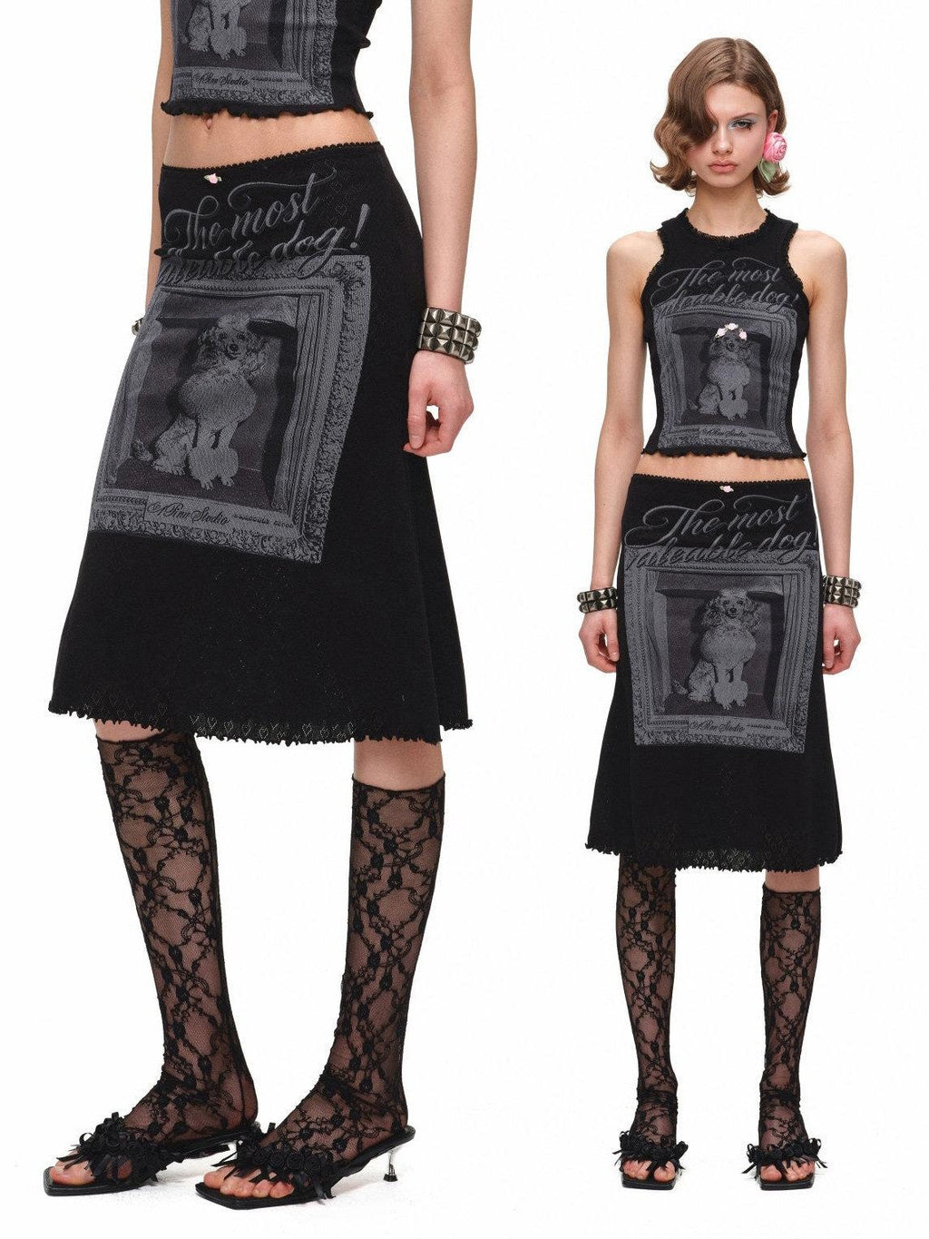 Vintage Framed Dog Print Vest Top Women's Midi Bodycon Skirt Matching Skirt Sets