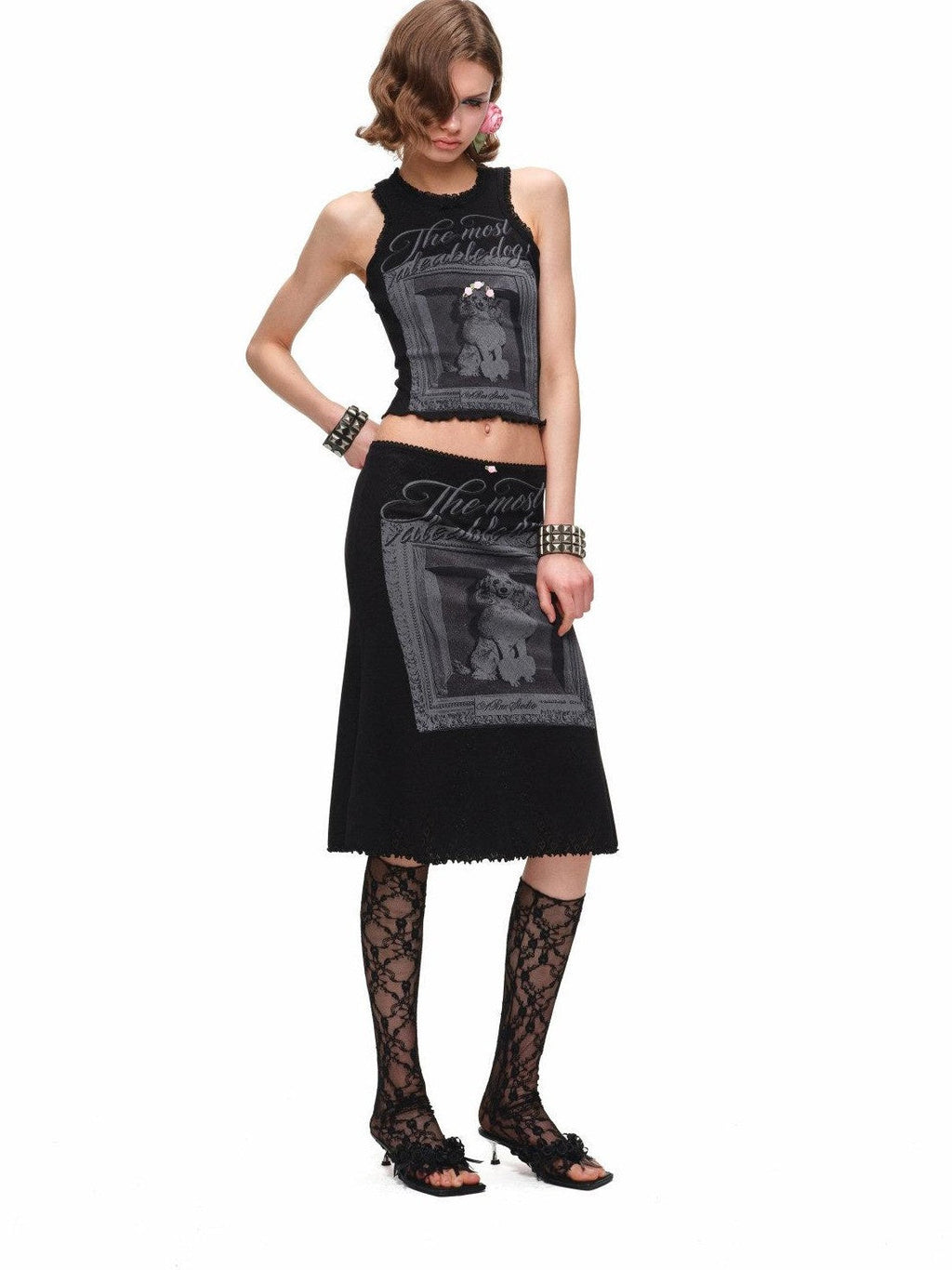 Vintage Framed Dog Print Vest Top Women's Midi Bodycon Skirt Matching Skirt Sets