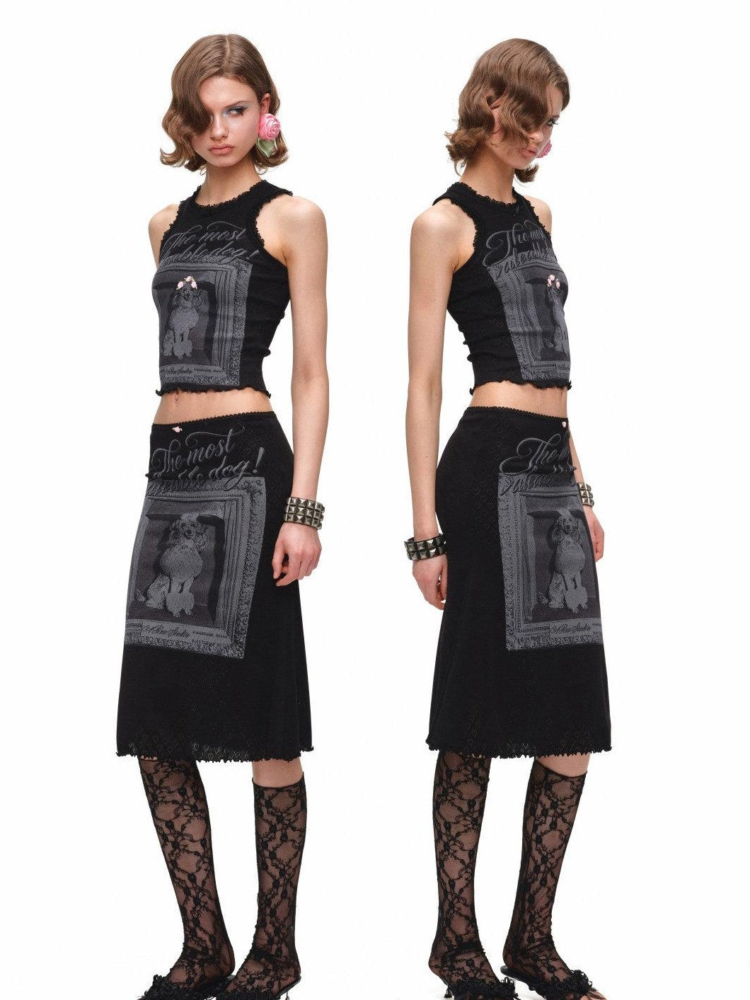 Vintage Framed Dog Print Vest Top Women's Midi Bodycon Skirt Matching Skirt Sets