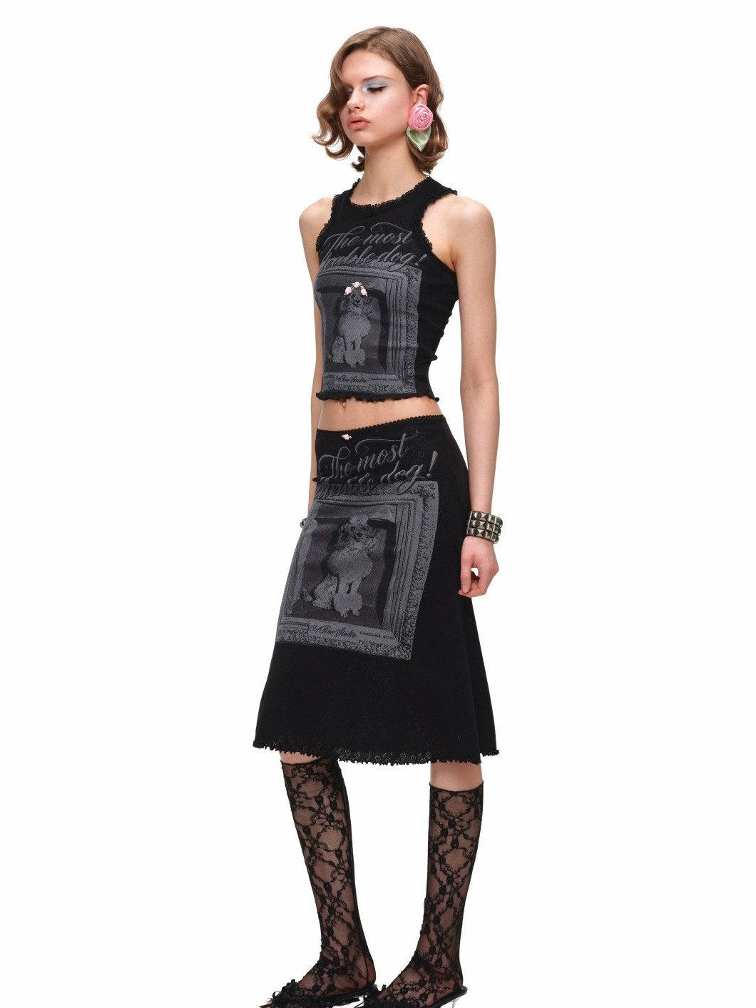 Vintage Framed Dog Print Vest Top Women's Midi Bodycon Skirt Matching Skirt Sets