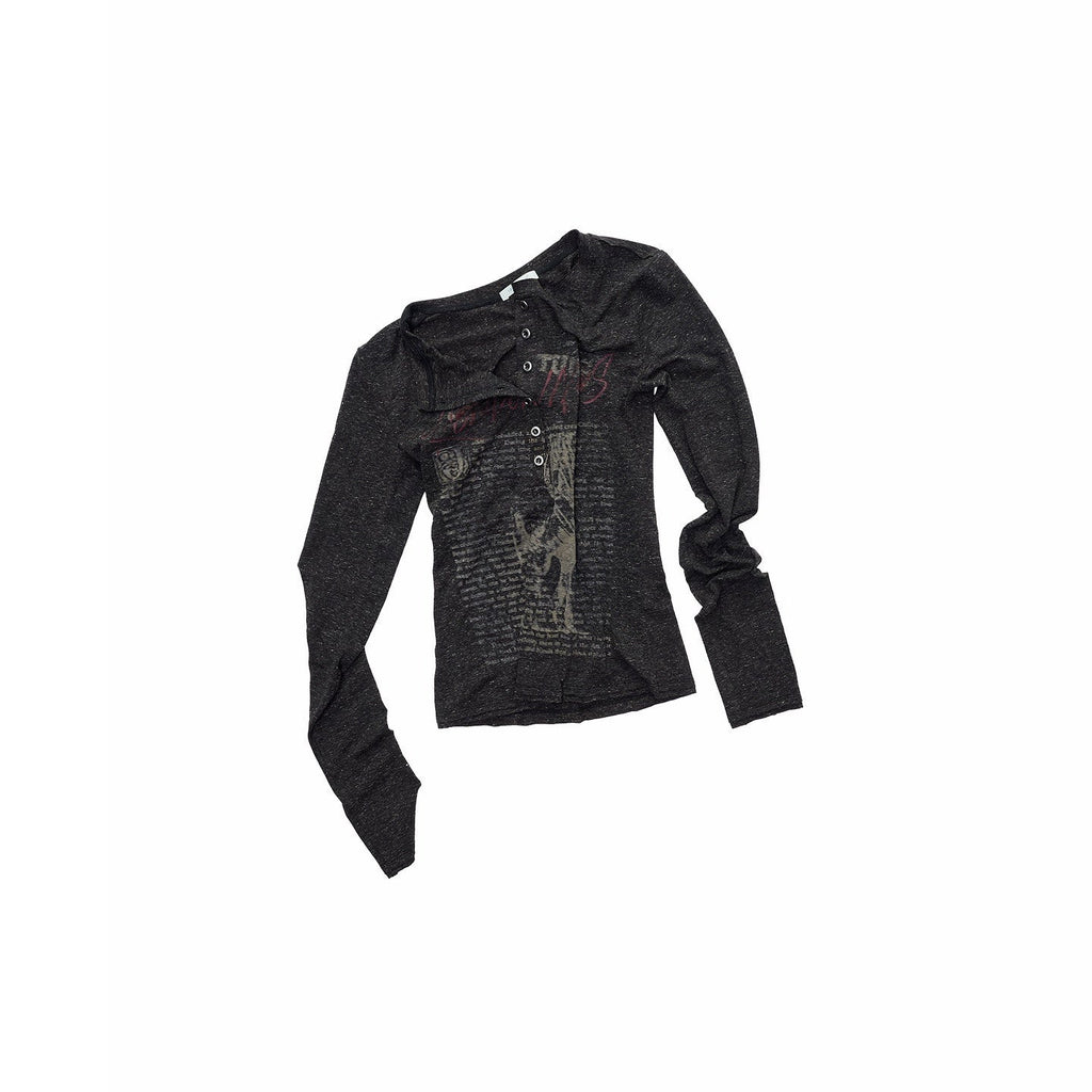 Vintage Henley Collar Contrast Print Women's Slim Fit Knit Long Sleeve T-shirts