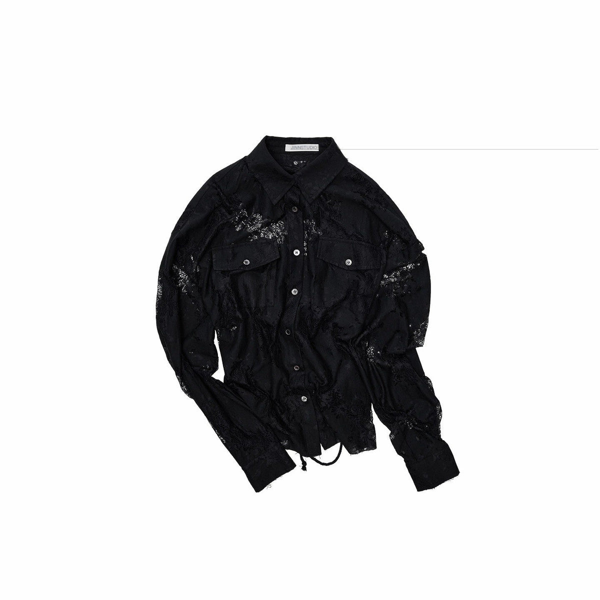 Vintage Jacquard Tie Waist Frayed Hem Women's Lace Sheer Shirts