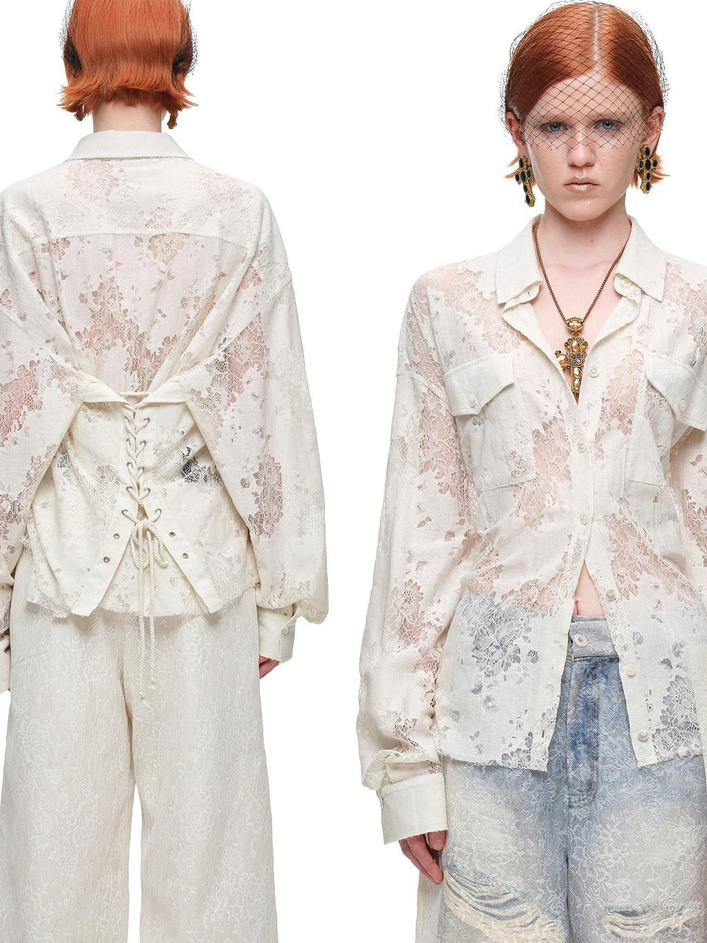 Vintage Jacquard Tie Waist Frayed Hem Women's Lace Sheer Shirts