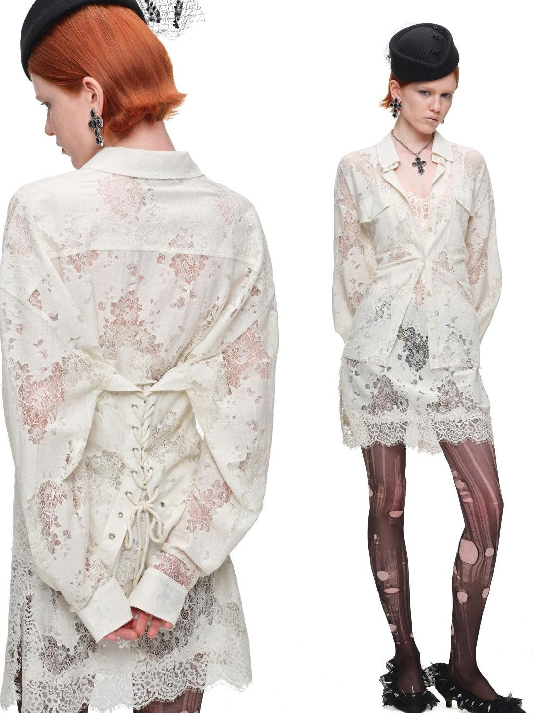 Vintage Jacquard Tie Waist Frayed Hem Women's Lace Sheer Shirts