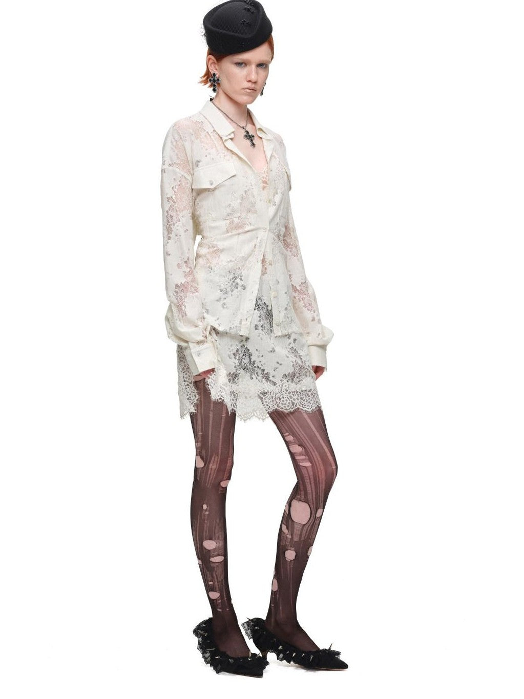 Vintage Jacquard Tie Waist Frayed Hem Women's Lace Sheer Shirts
