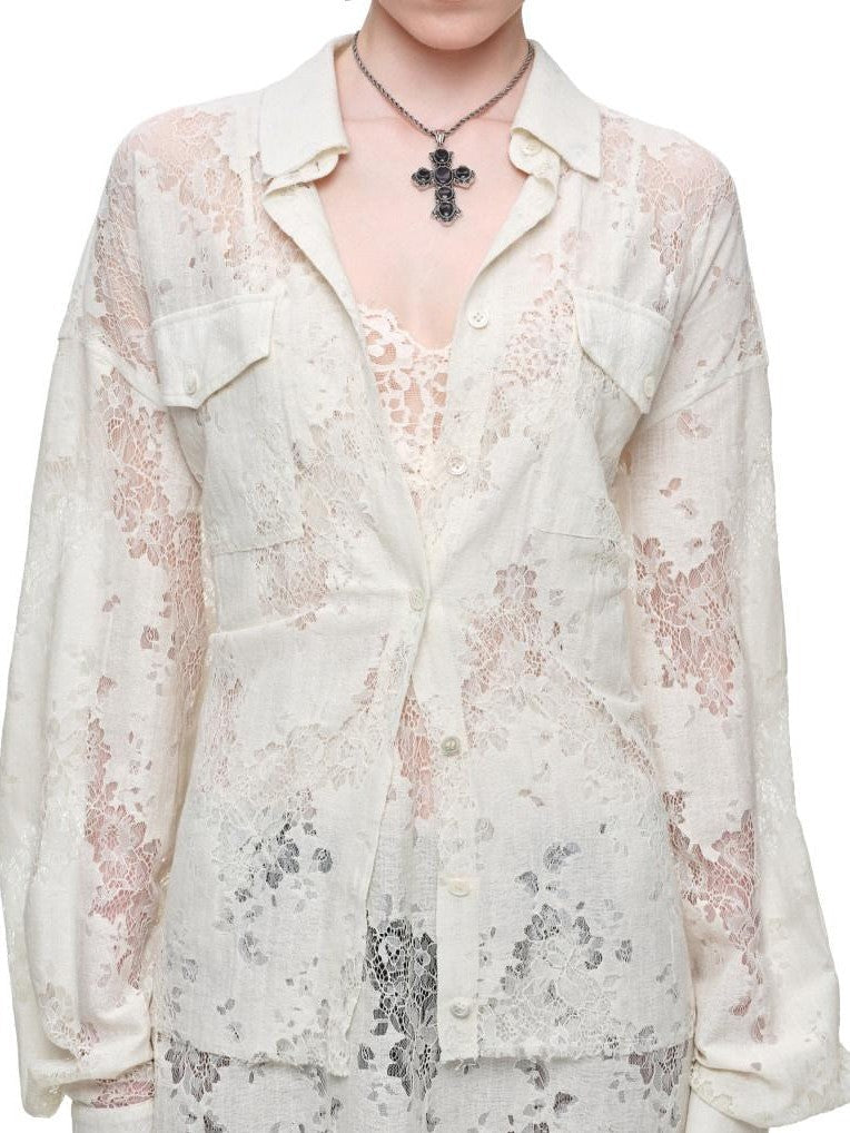 Vintage Jacquard Tie Waist Frayed Hem Women's Lace Sheer Shirts