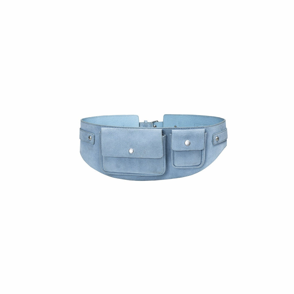 Vintage Metal Buckle Multi Pocket Workwear Wide Belt Women's Suede Mini Bags
