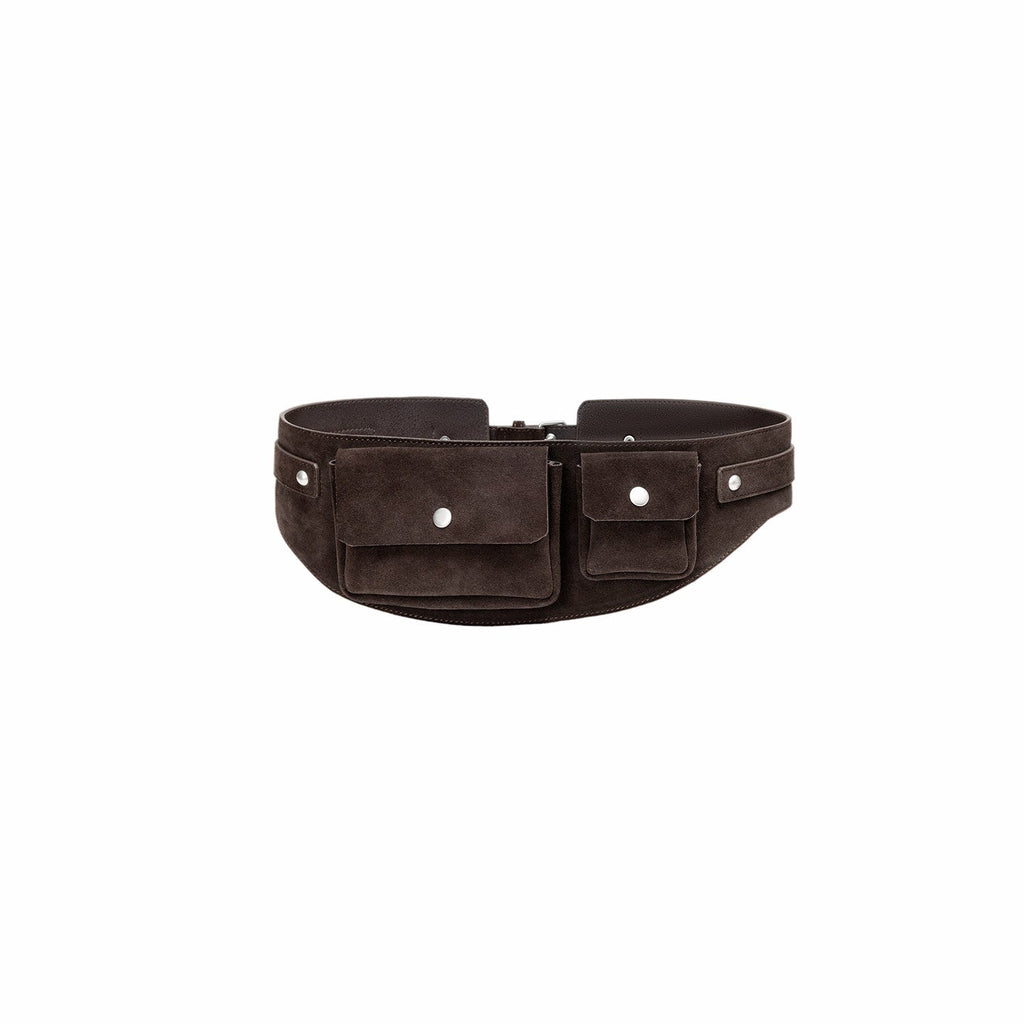 Vintage Metal Buckle Multi Pocket Workwear Wide Belt Women's Suede Mini Bags
