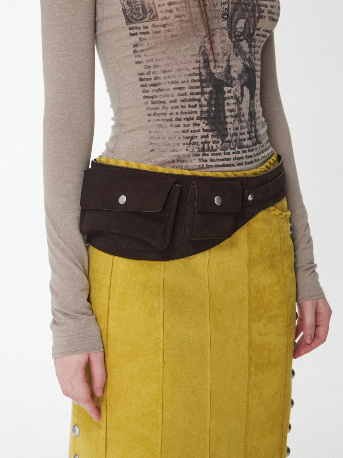 Vintage Metal Buckle Multi Pocket Workwear Wide Belt Women's Suede Mini Bags