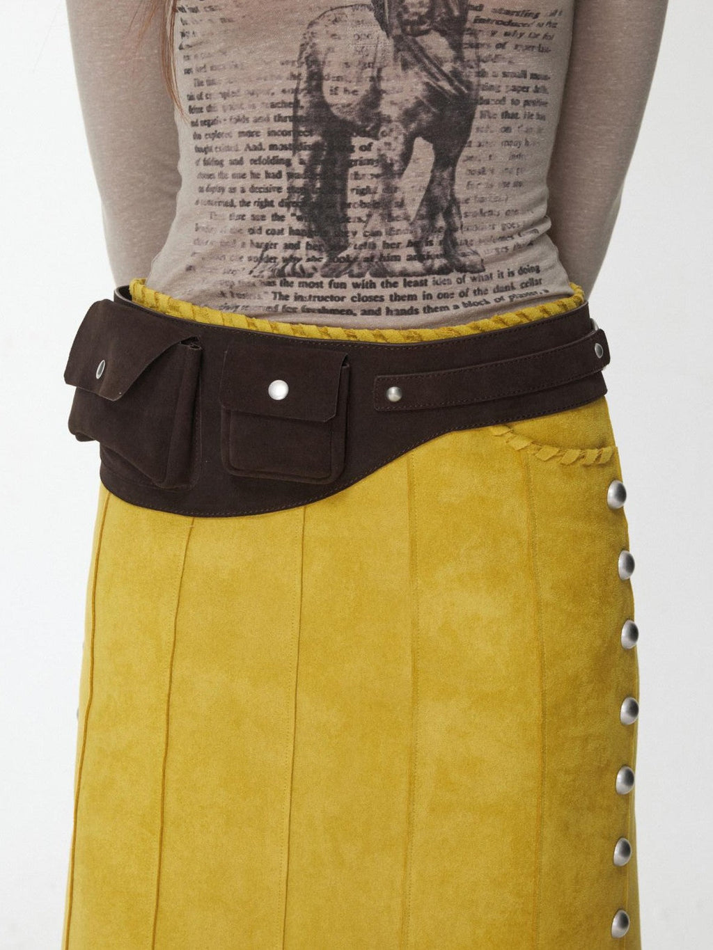 Vintage Metal Buckle Multi Pocket Workwear Wide Belt Women's Suede Mini Bags