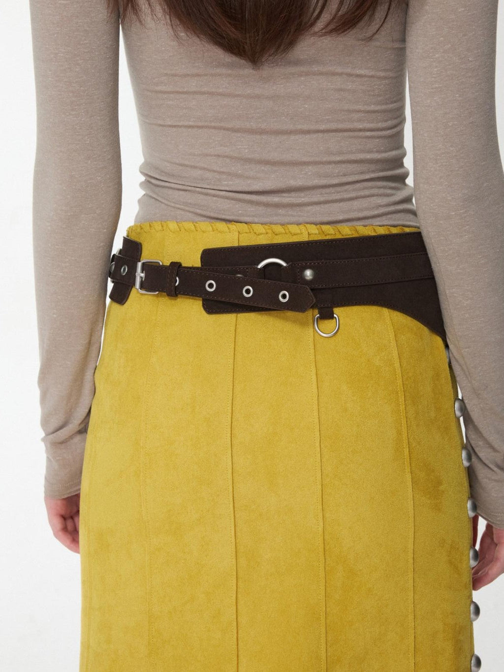 Vintage Metal Buckle Multi Pocket Workwear Wide Belt Women's Suede Mini Bags