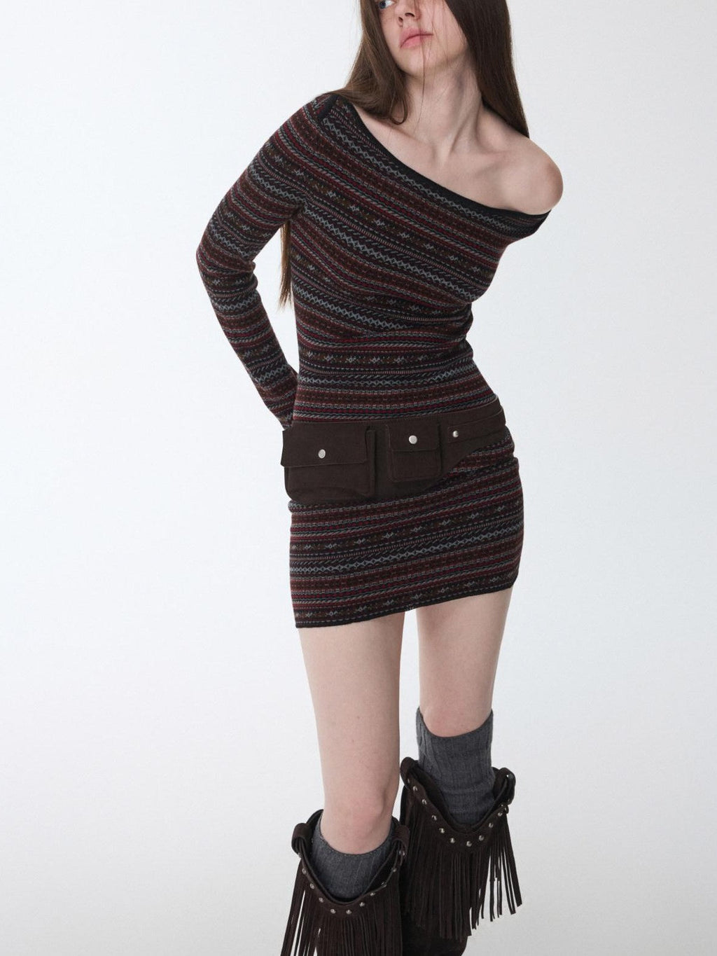 Vintage Metal Buckle Multi Pocket Workwear Wide Belt Women's Suede Mini Bags