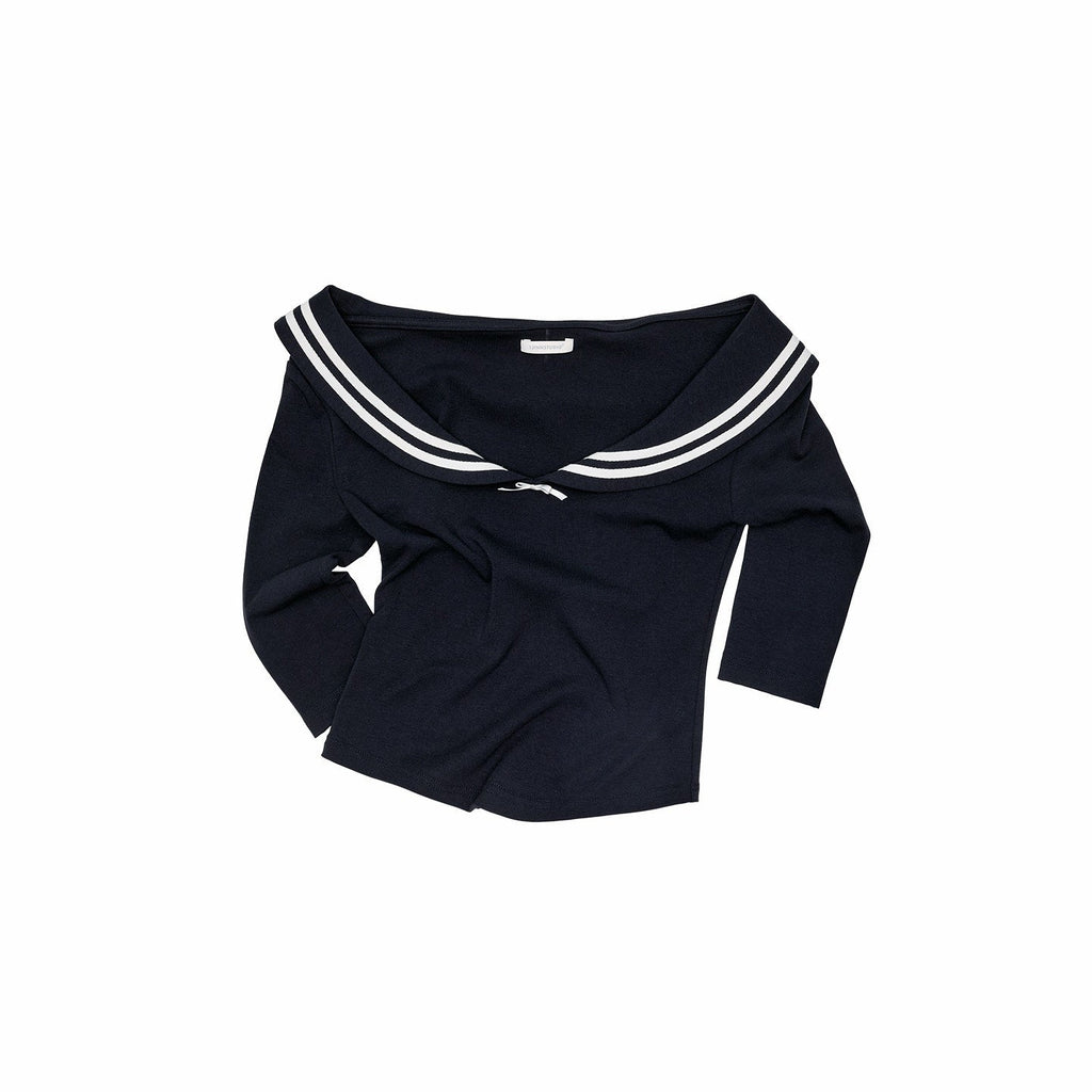 Vintage Nautical Boatneck Off Shoulder Slim Women's Knitted Crop Tops