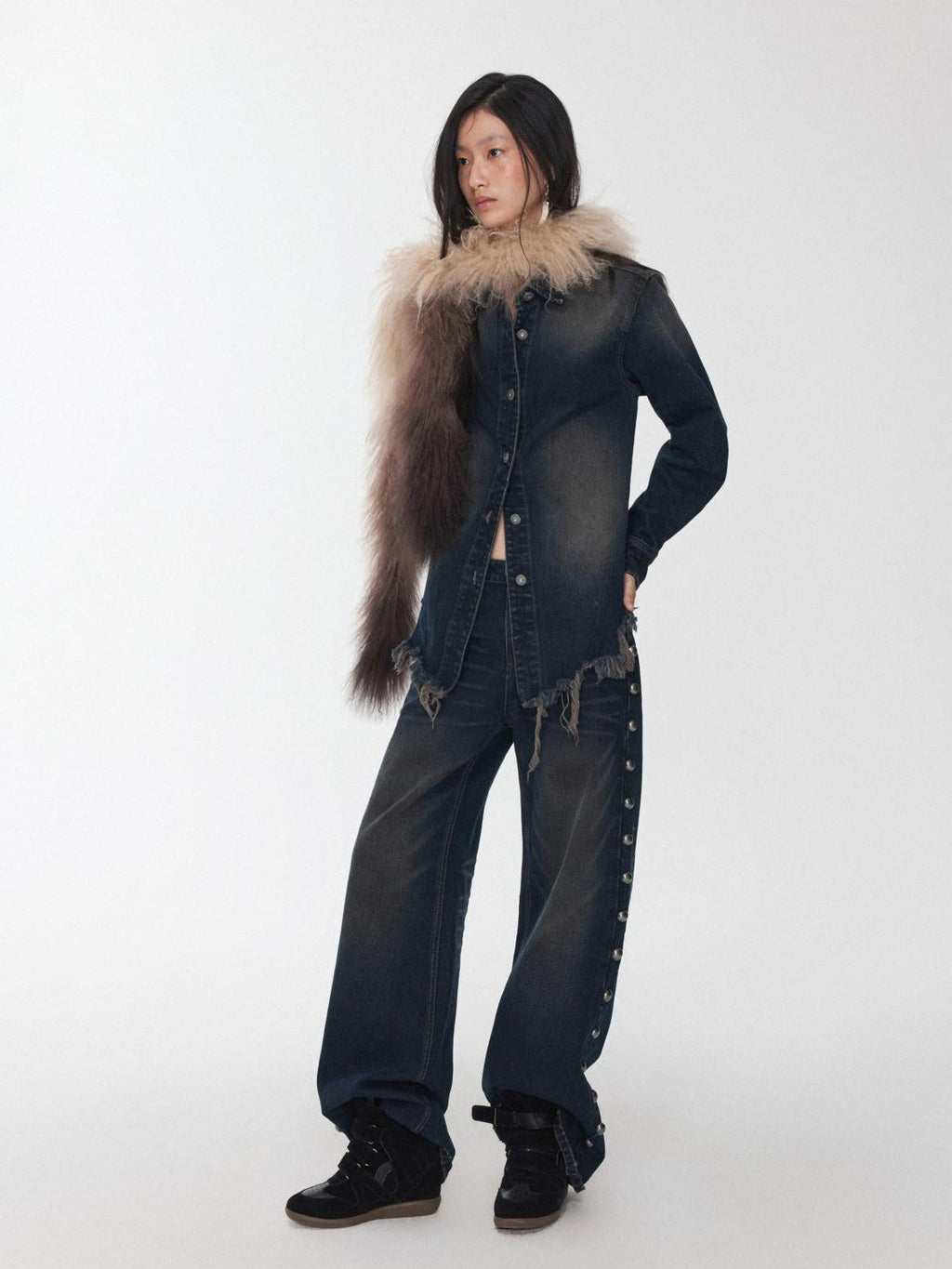 Vintage Ombre Black Long Oversized Real Fur Collar Women's Wool Scarves & Shawls