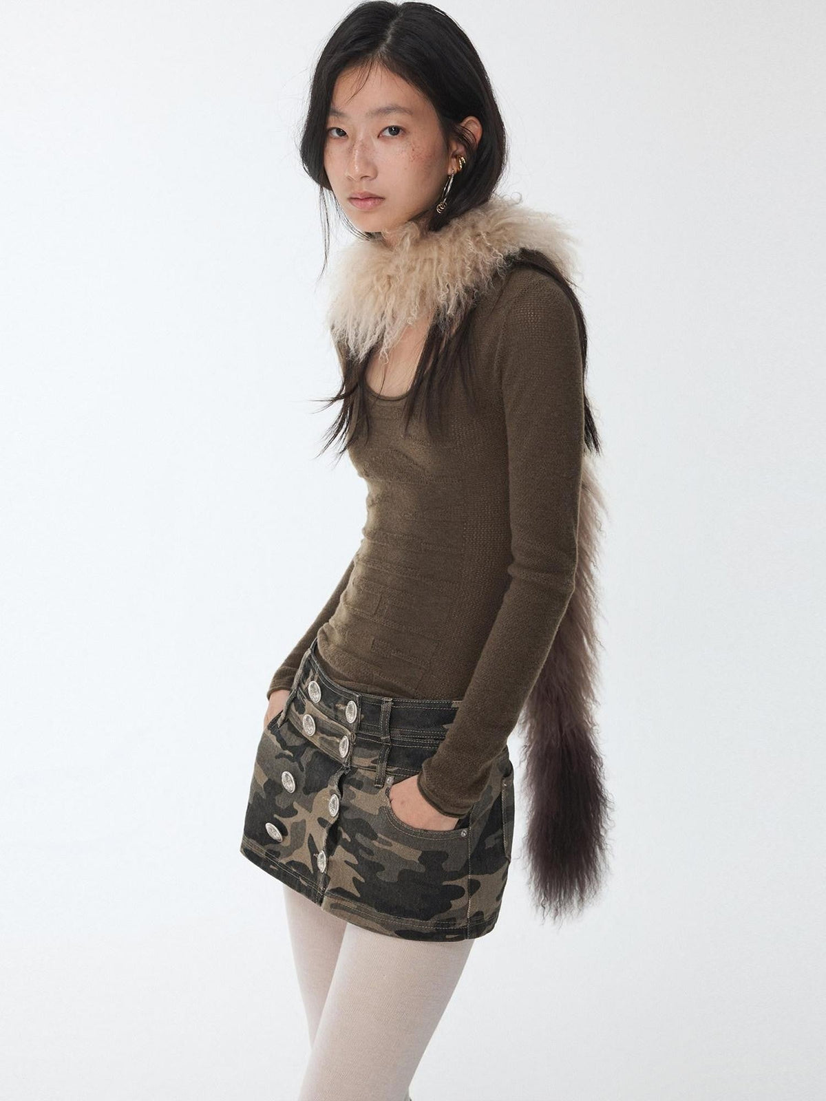 Vintage Ombre Black Long Oversized Real Fur Collar Women's Wool Scarves & Shawls