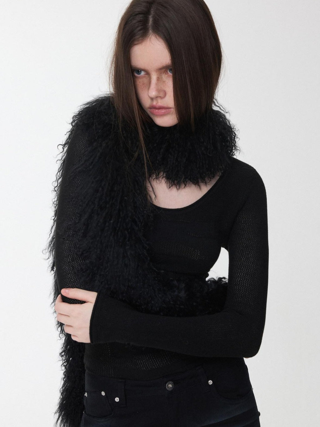 Vintage Ombre Black Long Oversized Real Fur Collar Women's Wool Scarves & Shawls
