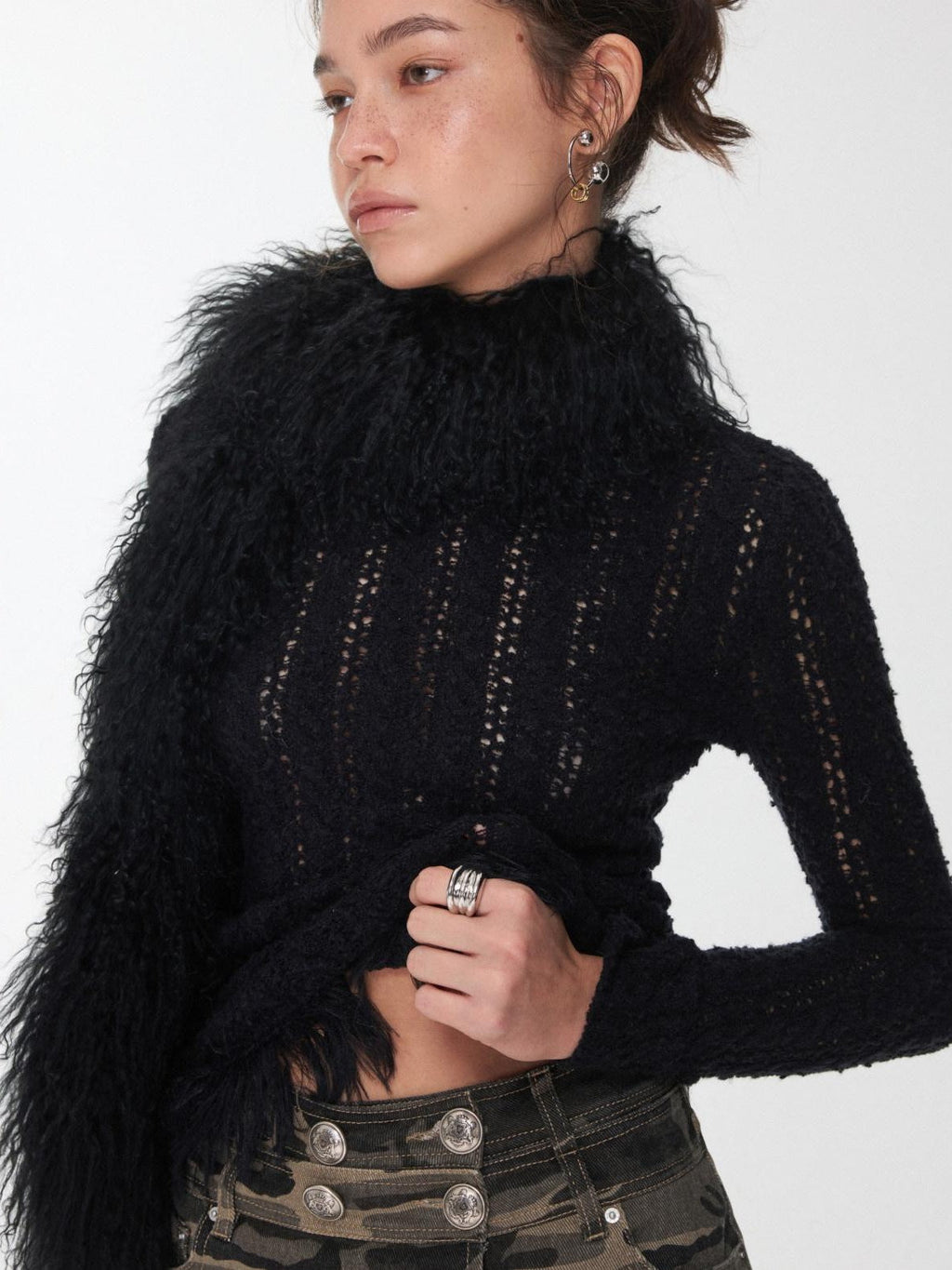 Vintage Ombre Black Long Oversized Real Fur Collar Women's Wool Scarves & Shawls