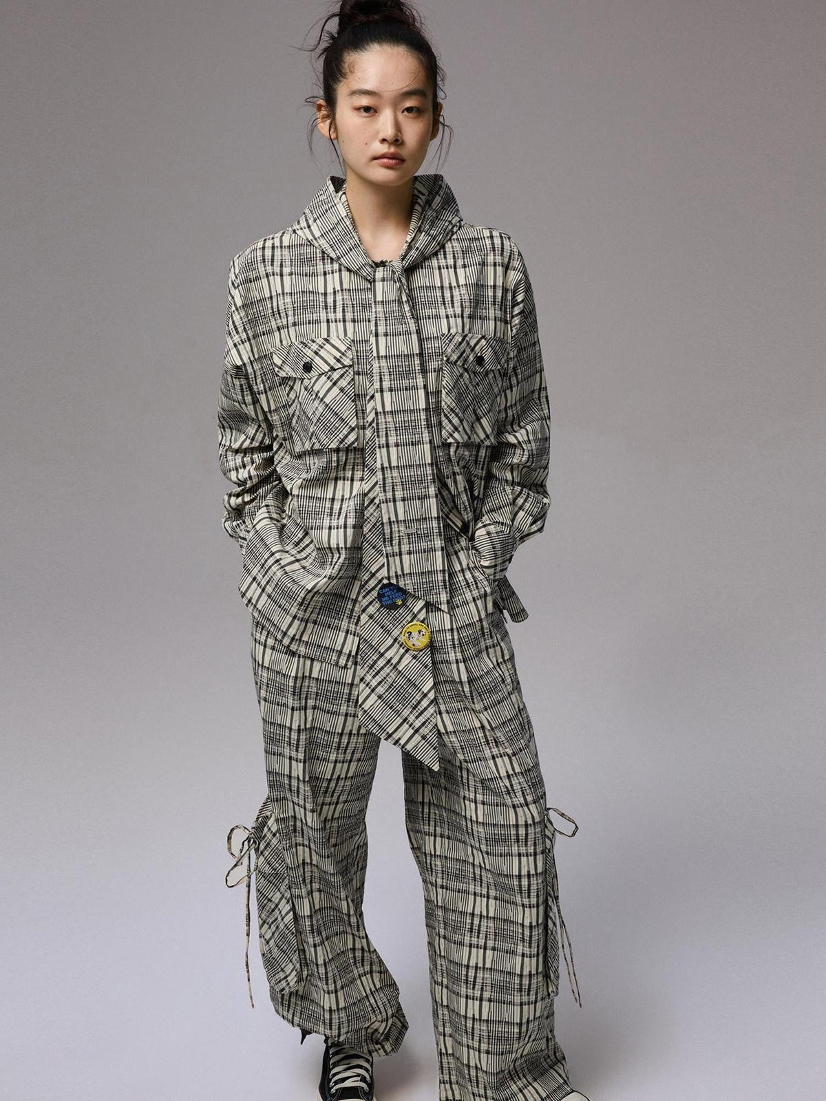 Vintage Plaid Hooded Tie Shirt Drawstring Skirt Women's Matching Skirt Sets